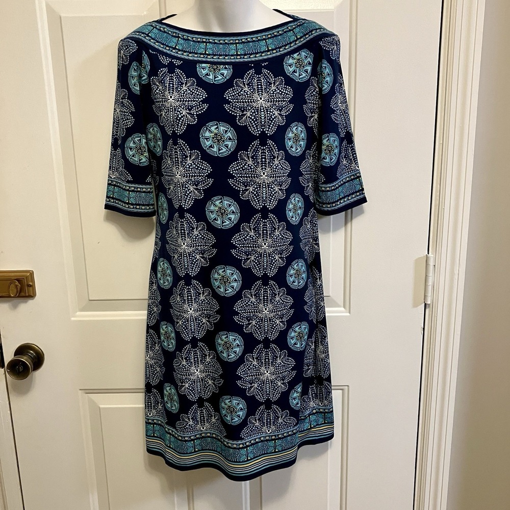 Max Studio Sz Medium Blue‎ Green Shift Dress 3/4 Sleeves Women's